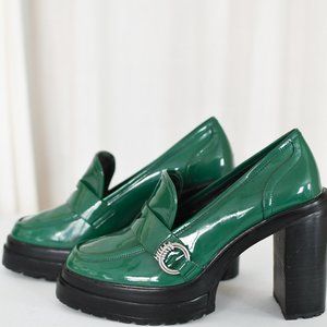 Green Gianni Bini Patent Vegan Leather Chunky Platform Loafers